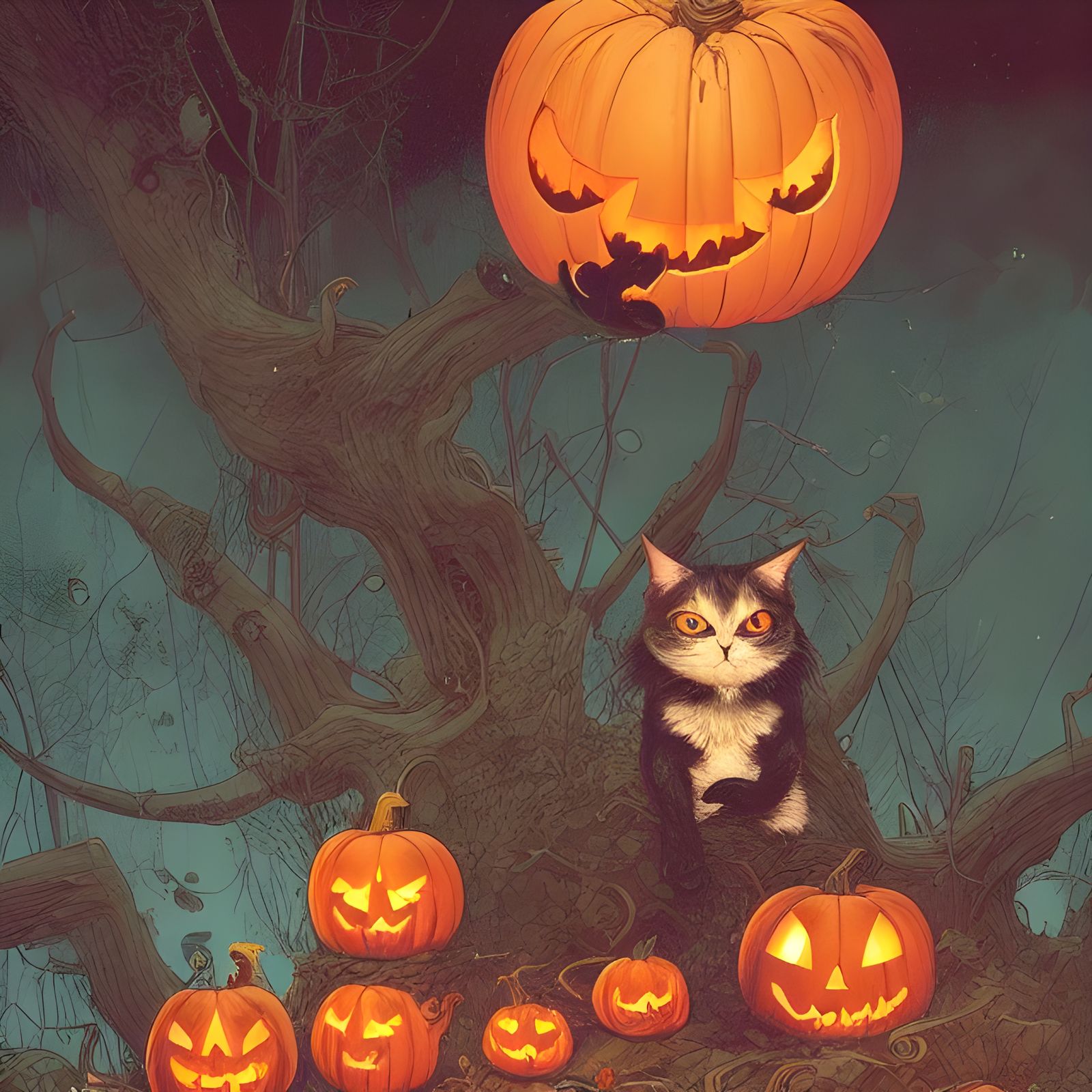 A vampire cat sitting next to a few pumpkins - AI Generated Artwork ...