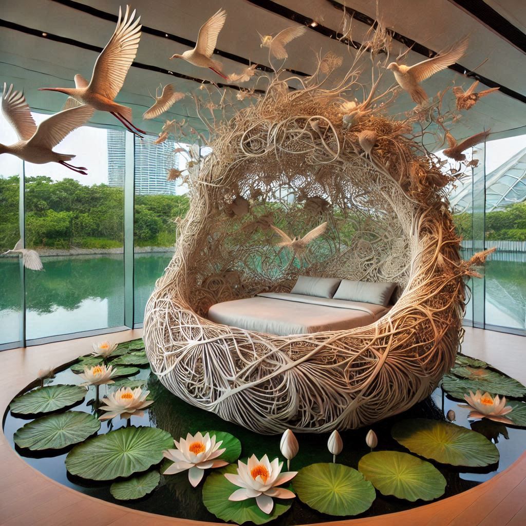imaginative bed designed in the shape of huge nest, in a hug...