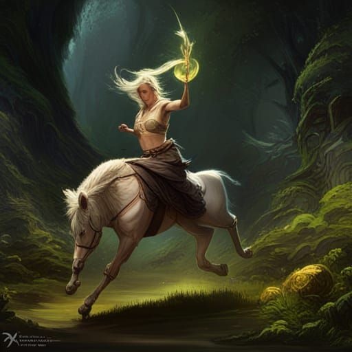 A centaur with flowing gold hair and rustic clothing, canter...