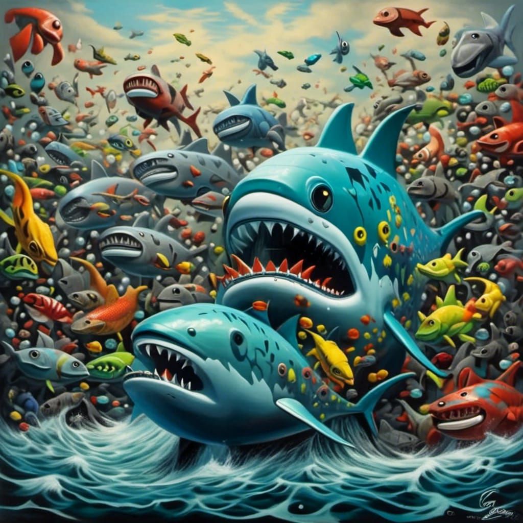 <lora:Black Beach:1.0> Vibrant Sharks