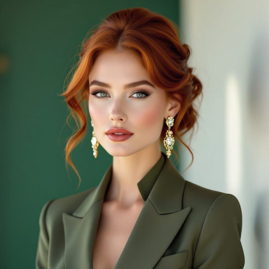 ultra realistic color portrait of carismatic european model woman, 30 year old,with red,wavy hair in an elegant updo, sie trägt große edle O...