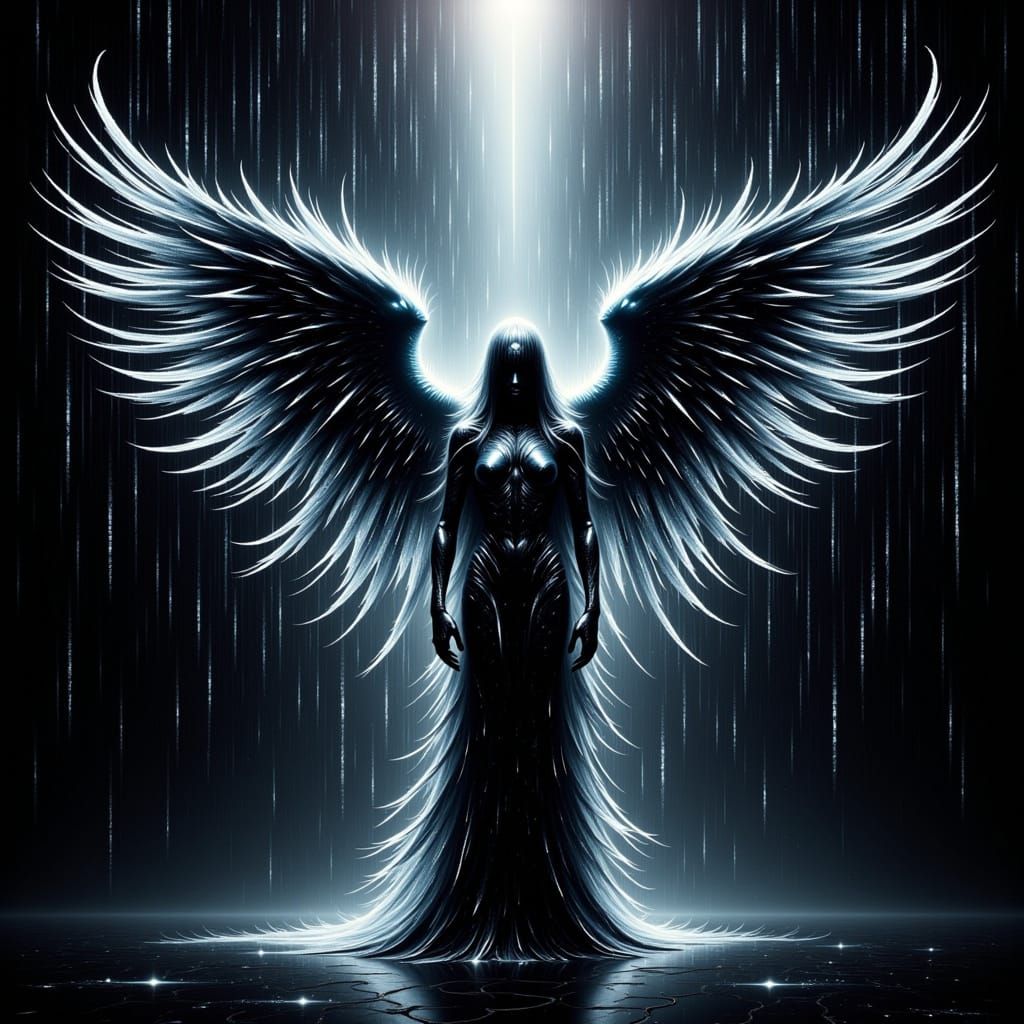 <lora:WINGS FLUX:1.0> <lora:UPSCALED FLUX:1.0> <lora:COSMIC FLUX:1.0> <lora:GLITCH LORA:1.0> Envision a cybernetic angel, trapped in a turbu...