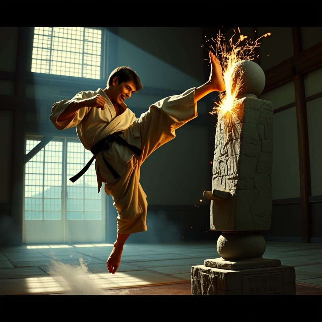 A fierce karate warrior, clad in traditional garb, leaps through the air, delivering a powerful kick. ...  by @Dave C