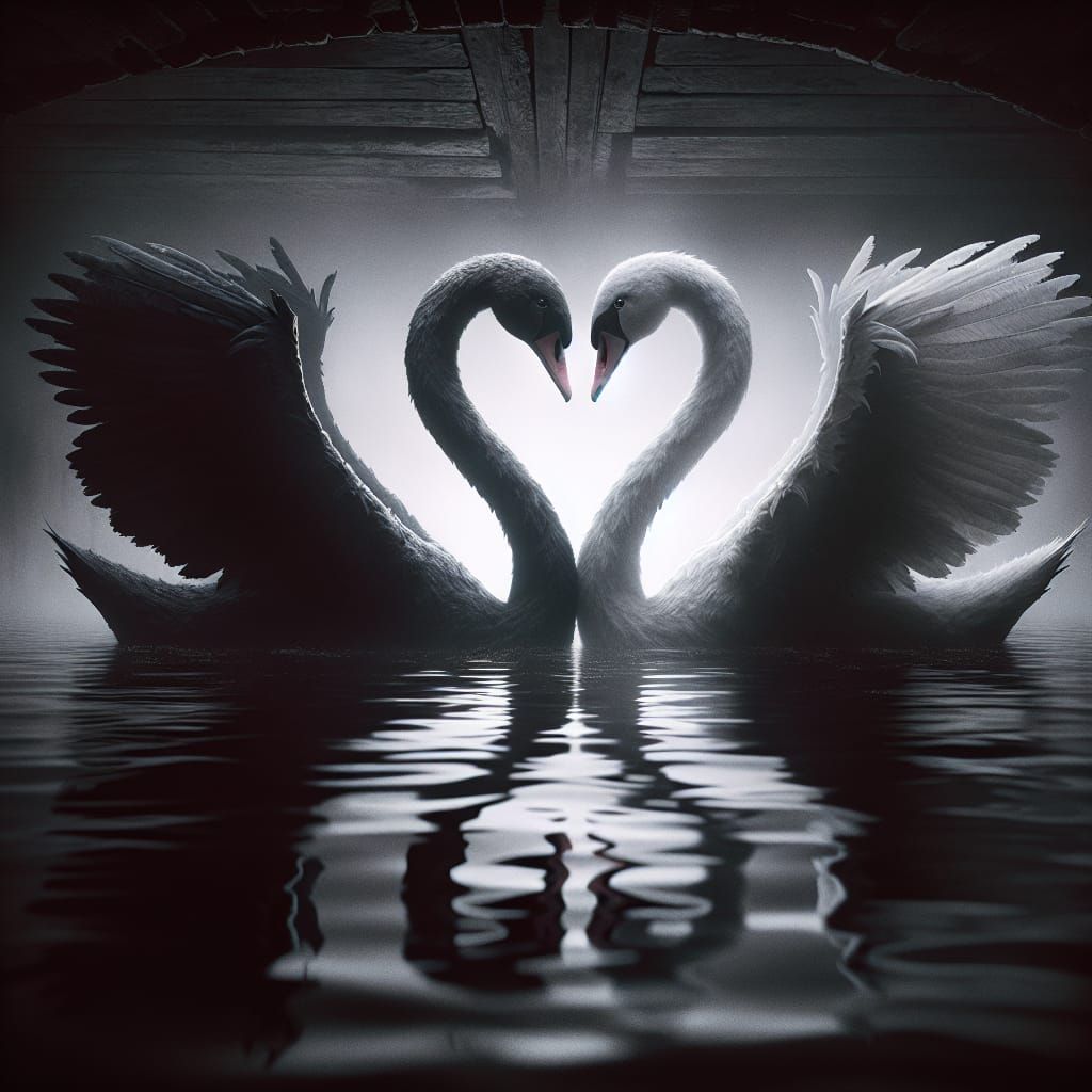 Black and White Swans Form Heart Shape in Hyperreal Photo