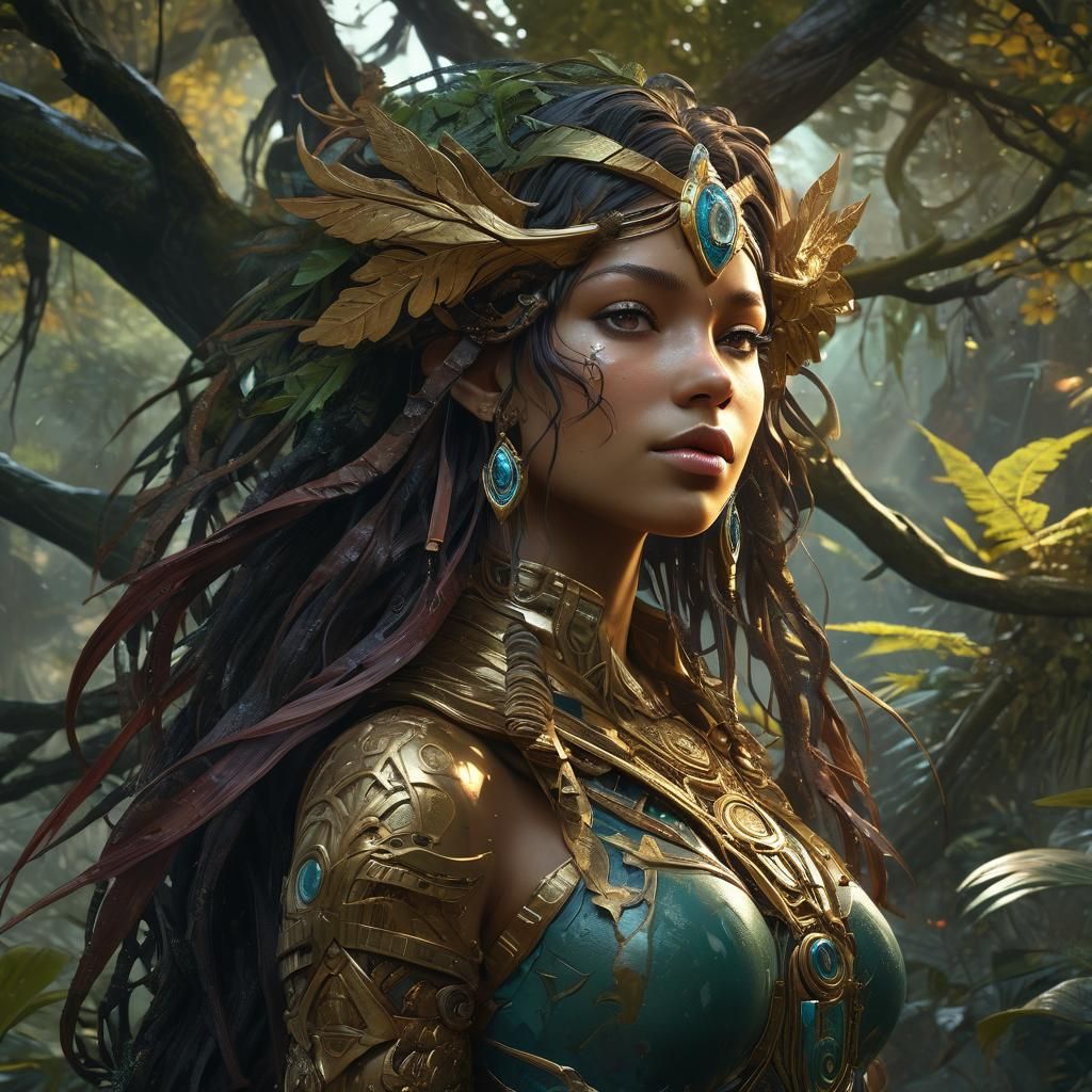 Cosmic Gold Rainforest Portrait with Libra Symbol