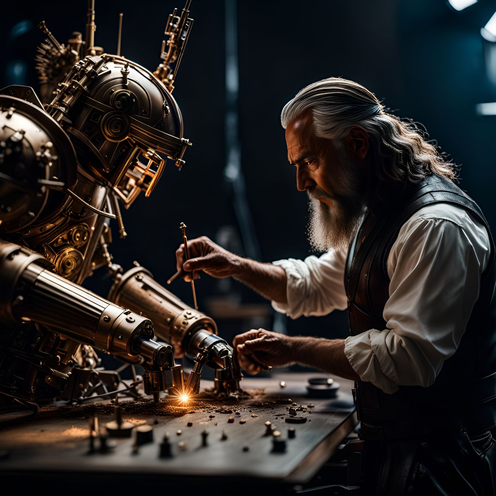 Leonardo da Vinci working on his mechanical knight, - AI Generated ...