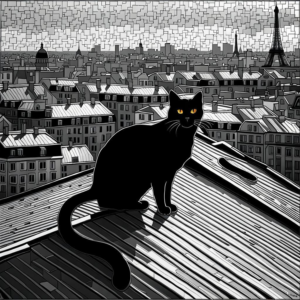 black cat on the roof in Paris