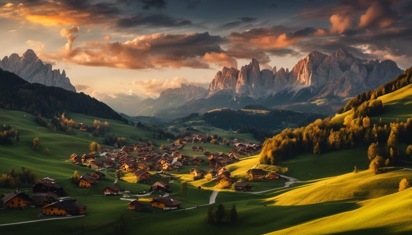 <lora:EpicLandscapes10:1.0> RAW Photo, ultra realistic, crisp, ultrasharp, dolomites landscape, view over an alp village, golden hour, epic...