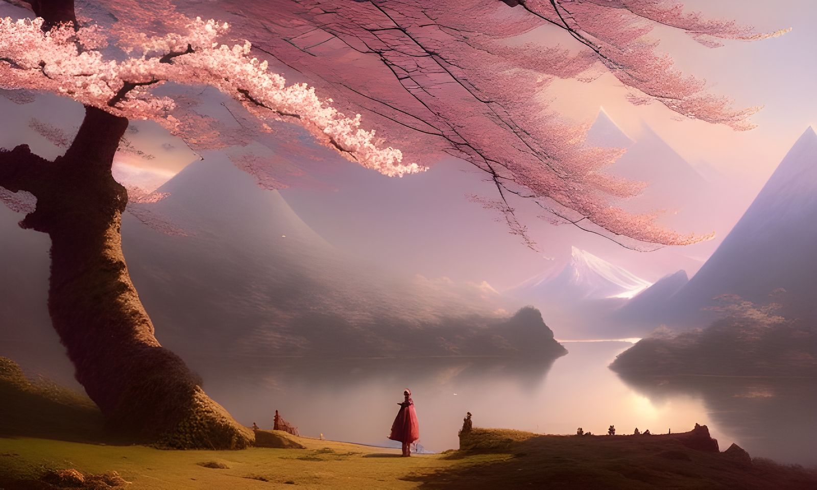 Cherry Blossom Mountain: Matte Painting in 8k