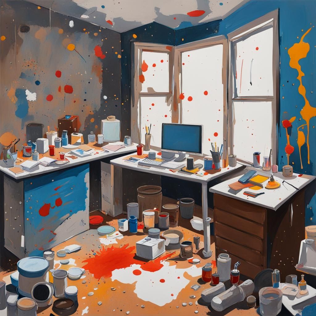 room with random objects and walls are covered in paint spla...