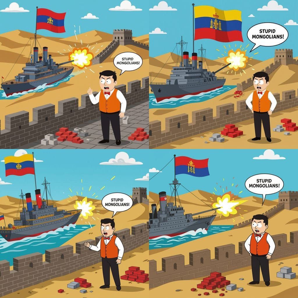 Mongolian battleship attacking the Great Wall of China.