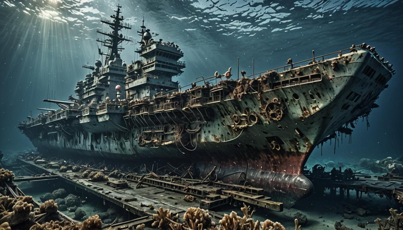 An Underwater Shipwreck Of A Aircraft Carrier, High Detail.  by @KOSH