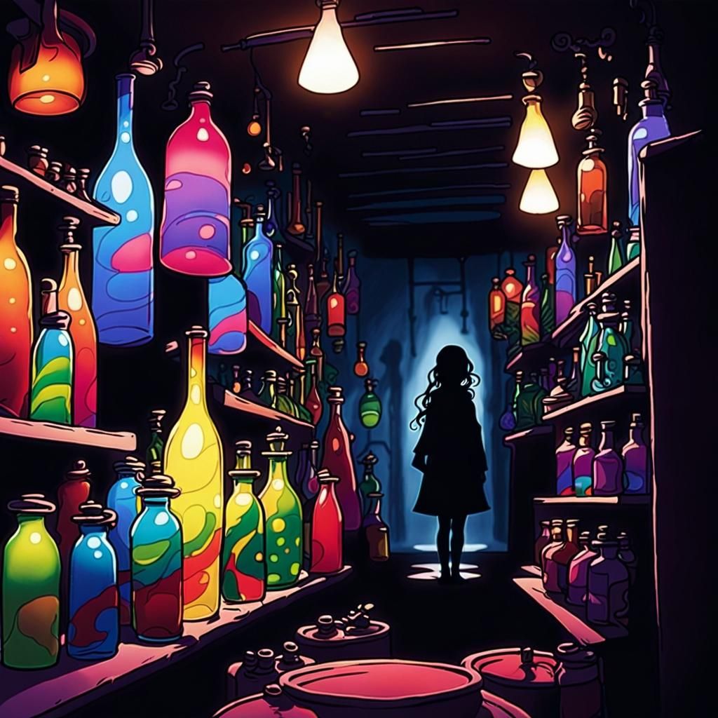 a woman in a dark alleyway behind a stand. the stand has glowing glass bottles of different colors tied to the stand. there other weird and...