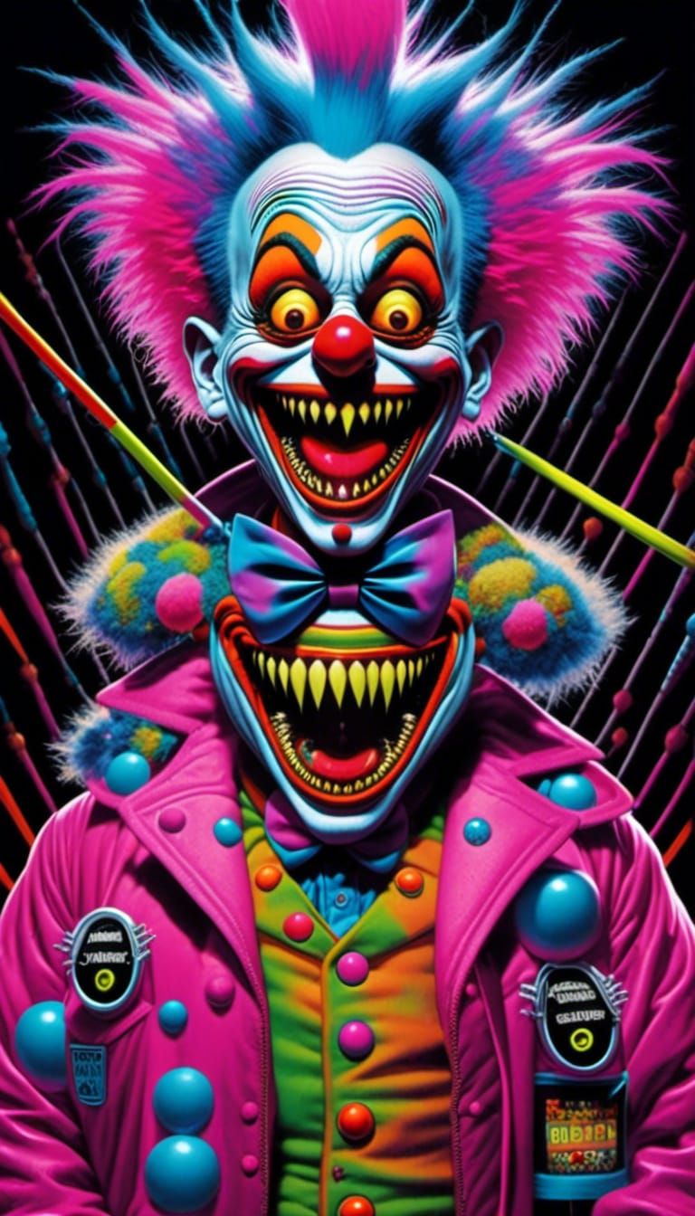 <lora:Cartoonishly Evil:1.0> Forces of Evil in a Bozo Nightmare., colorful, rough neon, cartoonishly evil, Bright , sharp, hyperdetailed, c...