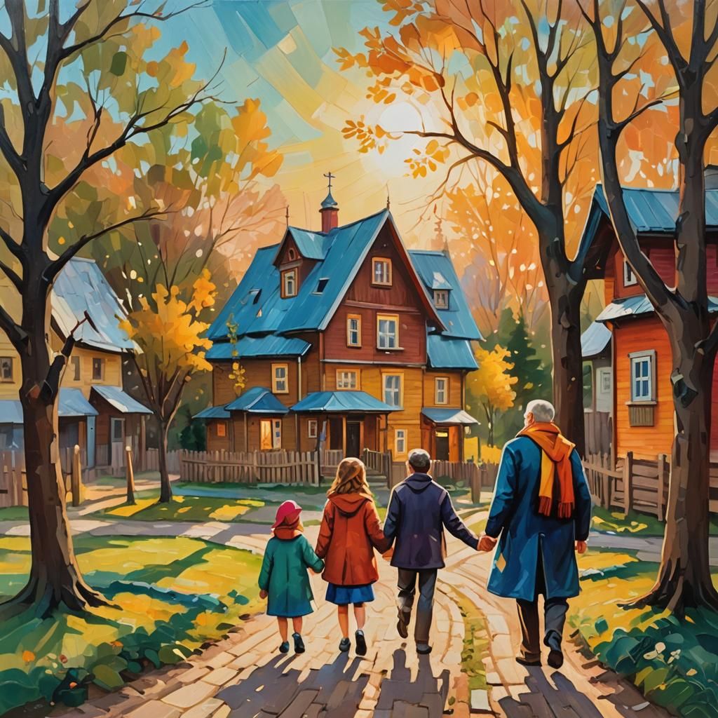 Happy Family Visit to Shtetl as Oil Painting