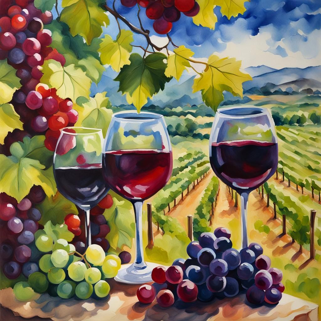 realistic, 3D 4K, close up, a nice vineyard with red and green grapes ...