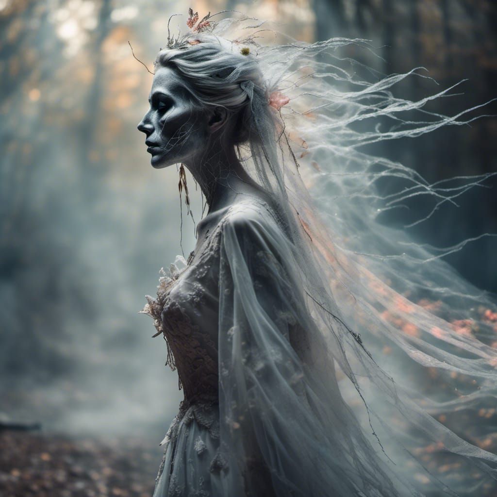 Ghost bride walking <lora:Eerie Vibes:1.0>   by @LitniPat