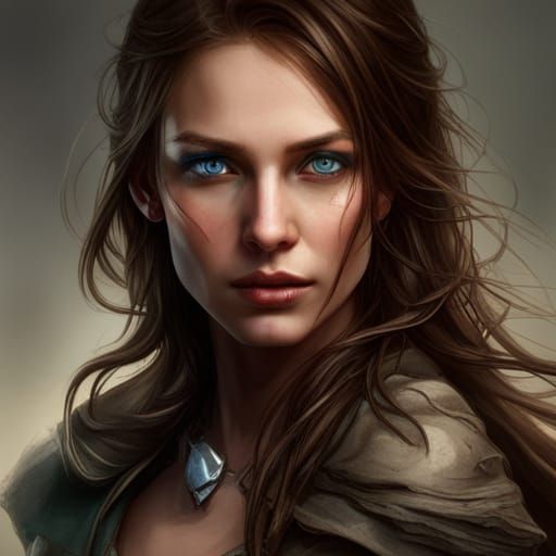 Portrait of a youthful female hobbit rogue with unruly brown hair and ...