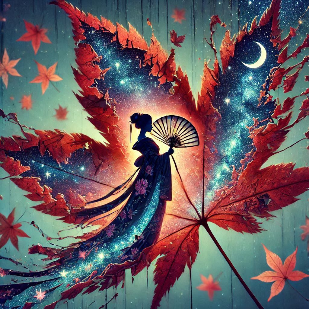 Double exposure Geisha and maple leafs