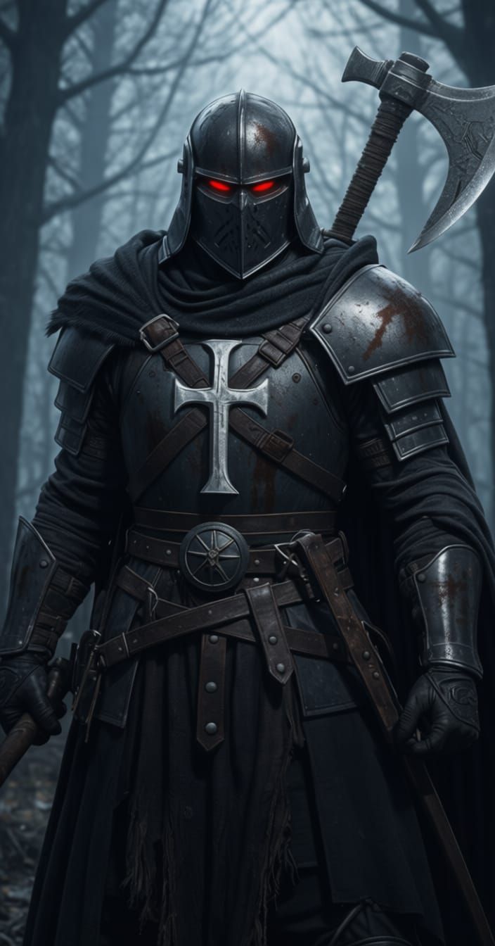 A sinister looking crusader standing in a dark ancient forest 