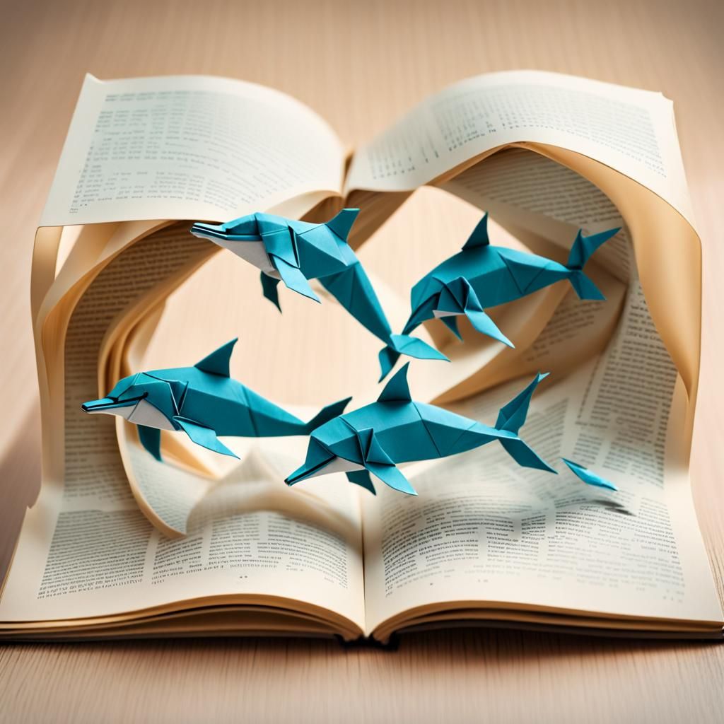 Origami dolphins swimming through a bookpage  by @Amelie