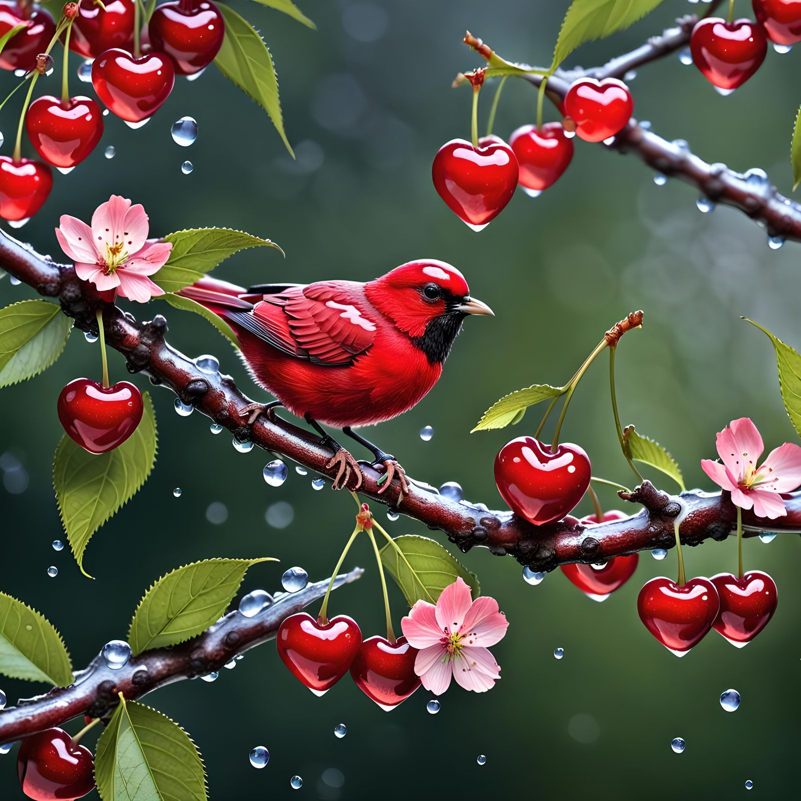 Red cherries and red gourmand bird  by @Nelllle