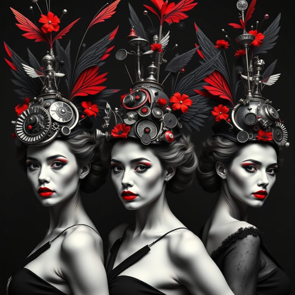 <lora:Ginger Red:1.0>  Create a black and white photogram-style image  with geometric winged Victorian  Steampunk   hats with art installati...
