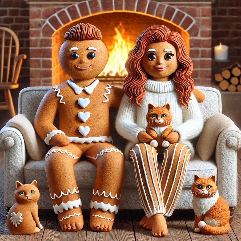 a ginger bread couple cozy on a couch with their cats.