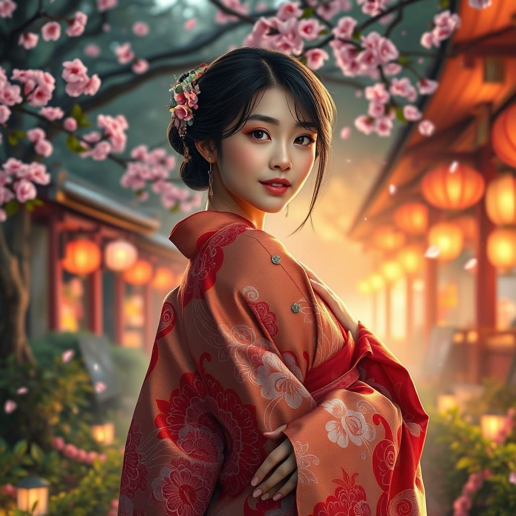 Elegant Woman in Vibrant Kimono Amidst Fantastical Festival
