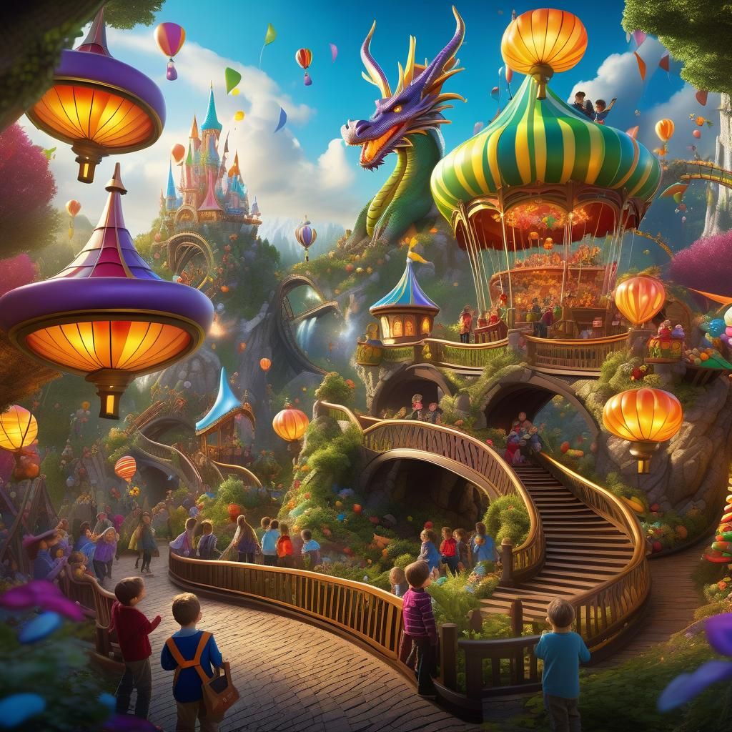 A wizzards Park land, that includes games as a big metalic dragon rollercoaster, mechanicals magician hats flying game with children inside,...
