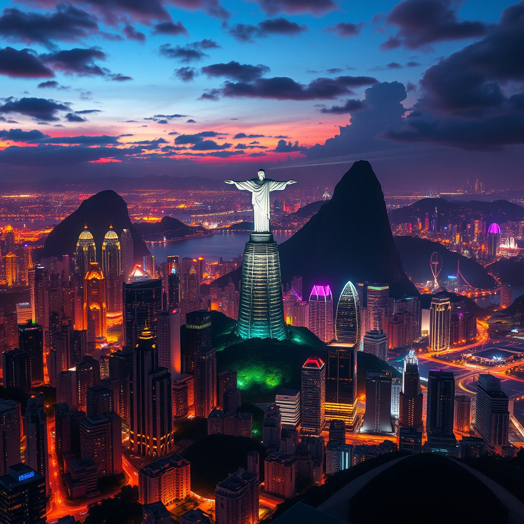 A nighttime skyline of a city of Rio de Janeiro with illuminated skyscrapers and landmarks. Shows the ...  by @Oscar Burd