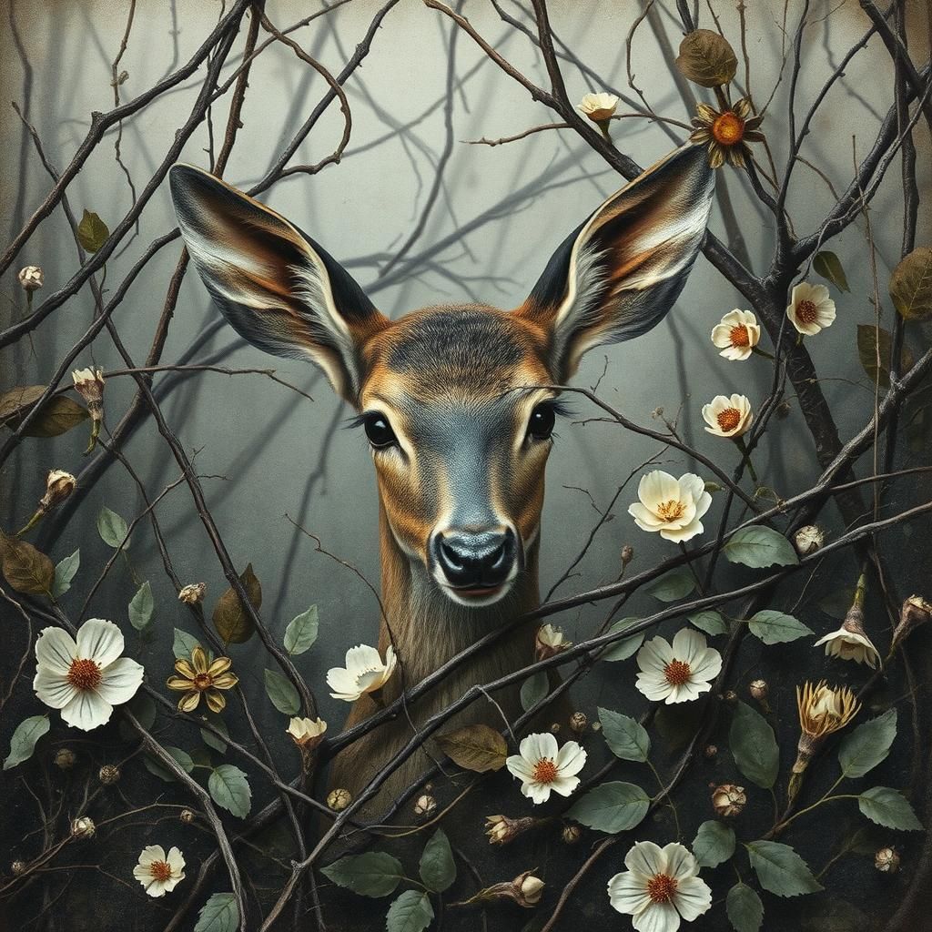 A deer in bush, decoupage and mixed media by Loish, eerie, abstract  by @Evivi