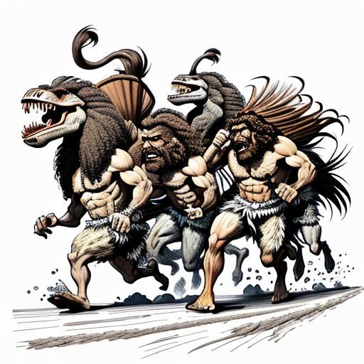 a caveman style drawing of cavemen are running  from Trex