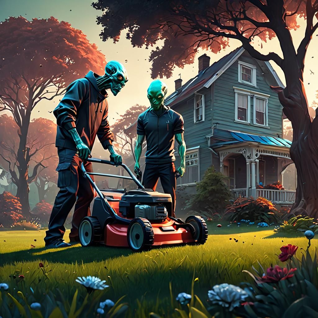 "The dang thing is busted again!"
*sighs* "I'll get the strimmer!"  by @Hyperion