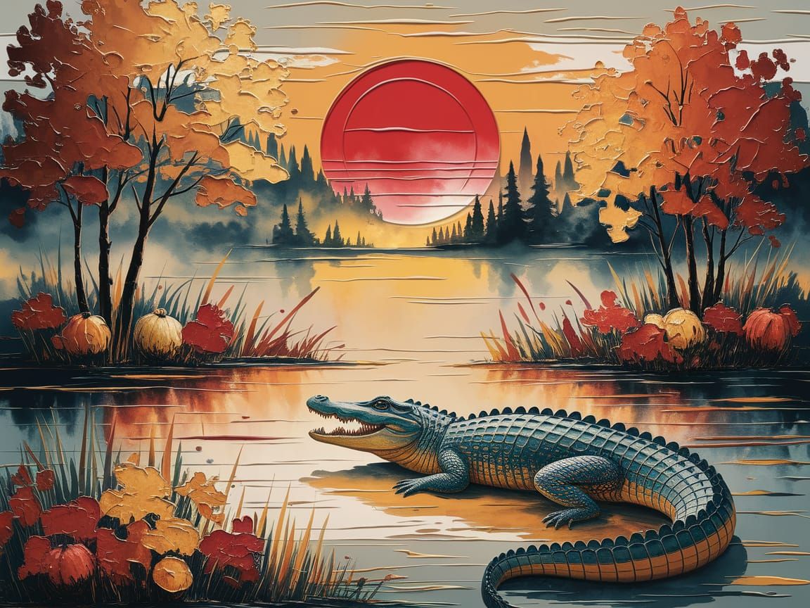 rustic choppy vertical lines, embossed art, embossed textured paint, depicting a crocodile in a Sunrise on a misty morning. over a misty pon...