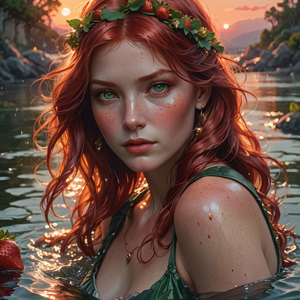 Strawberry, sunset, water, rubies, beautiful woman with brig...