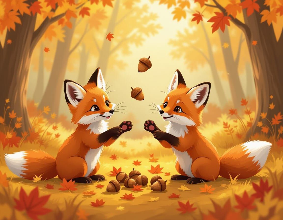 Fox kittens playing with acorns