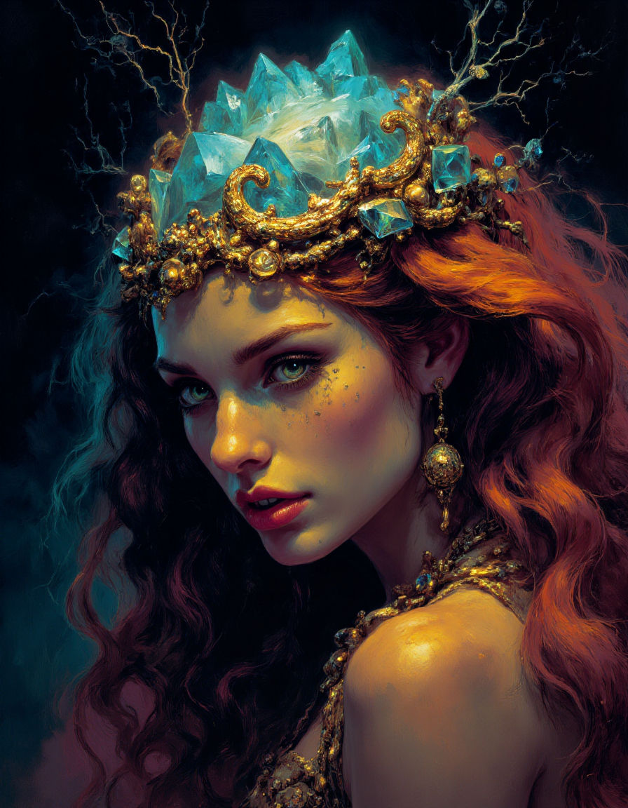 Tiamat, the primordial goddess, wears a delicate but majesti...