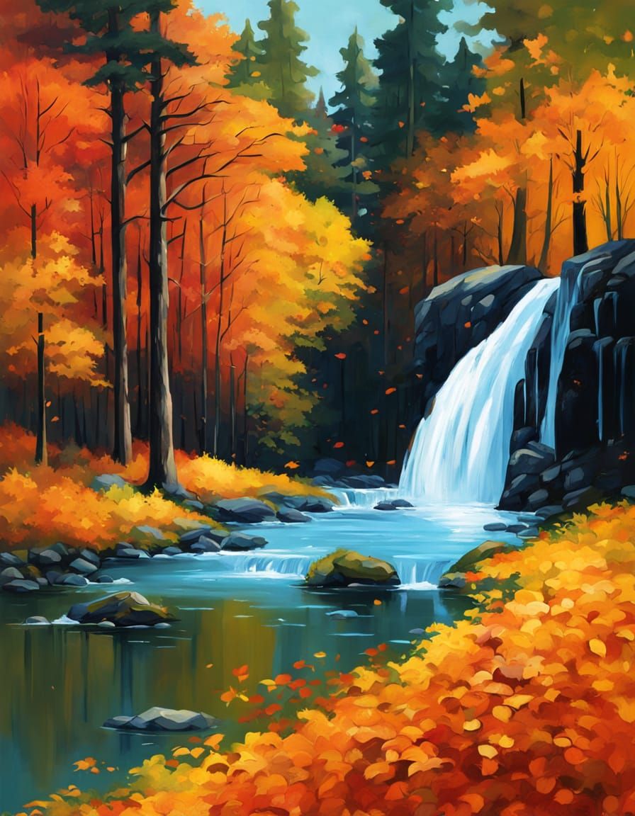 vibrant oil painting. a tall waterfall in an autumn forest, colorful trees, concept art