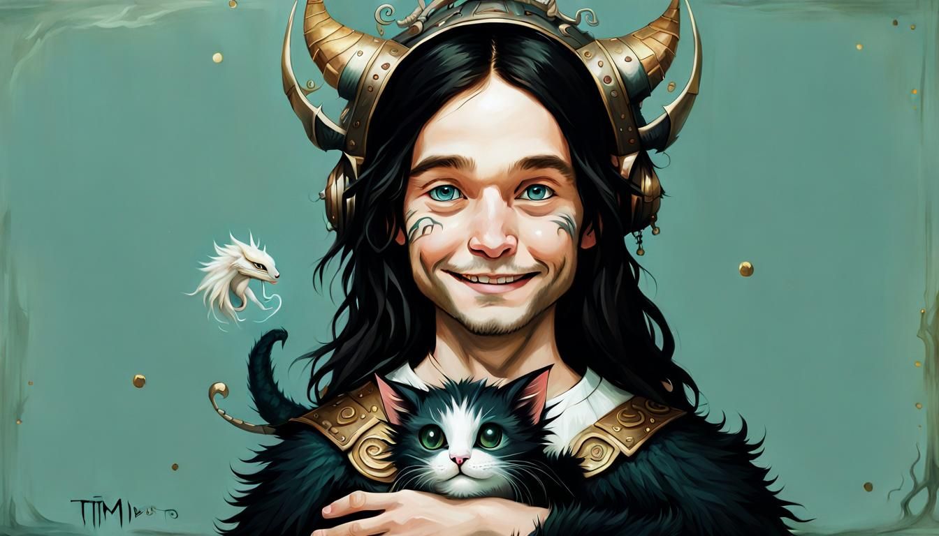 Futuristic Viking Boy with Dragon-Kitten in Burton Style