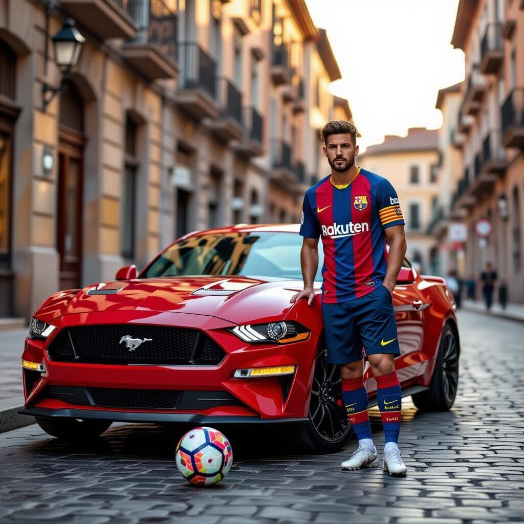 Barcelona Footballer Poses with Ford Mustang in Spain