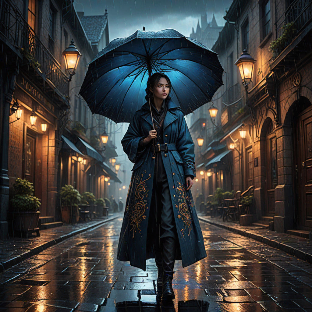 A lady wearing heavy winter coat holding an umbrella during rainy day  by @The Saytha