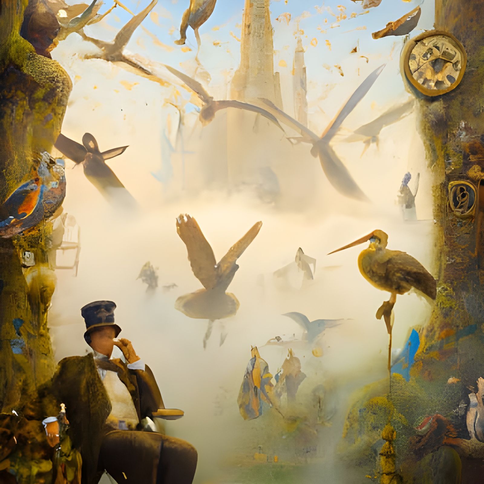 Surrealism clock time people birds false