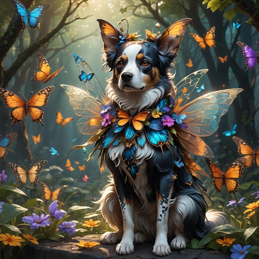 A dog fairy with butterfly wings