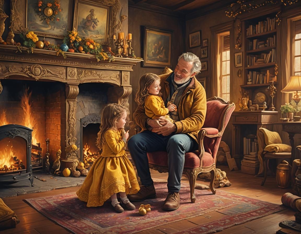A loving father with his daughter in his arms near a firepla...