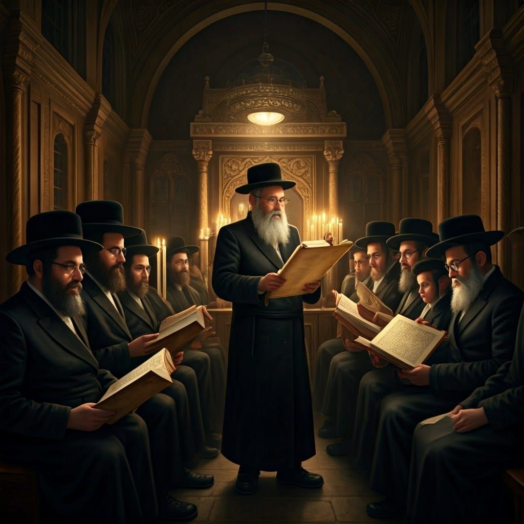 Ultra-Orthodox Jewish Congregation in Synagogue at Night