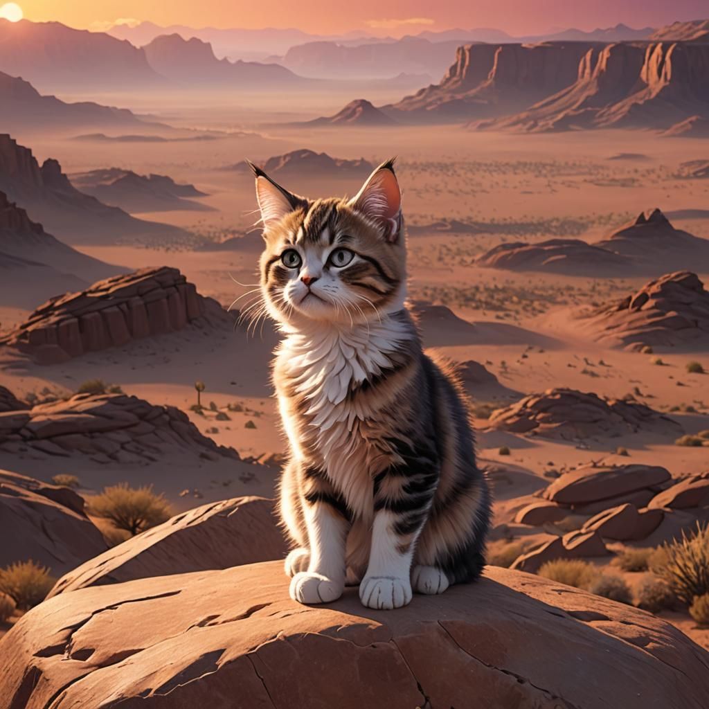 A Grumpy Kitten sitting on a rock, stunning desert sunset. E...