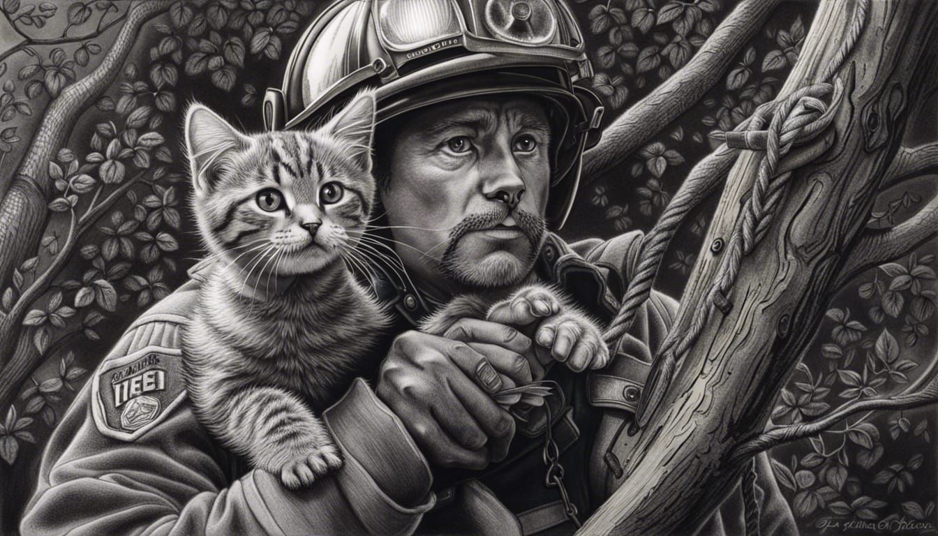 Firefighter saving a kitten in a tree, insanely detailed, hy...