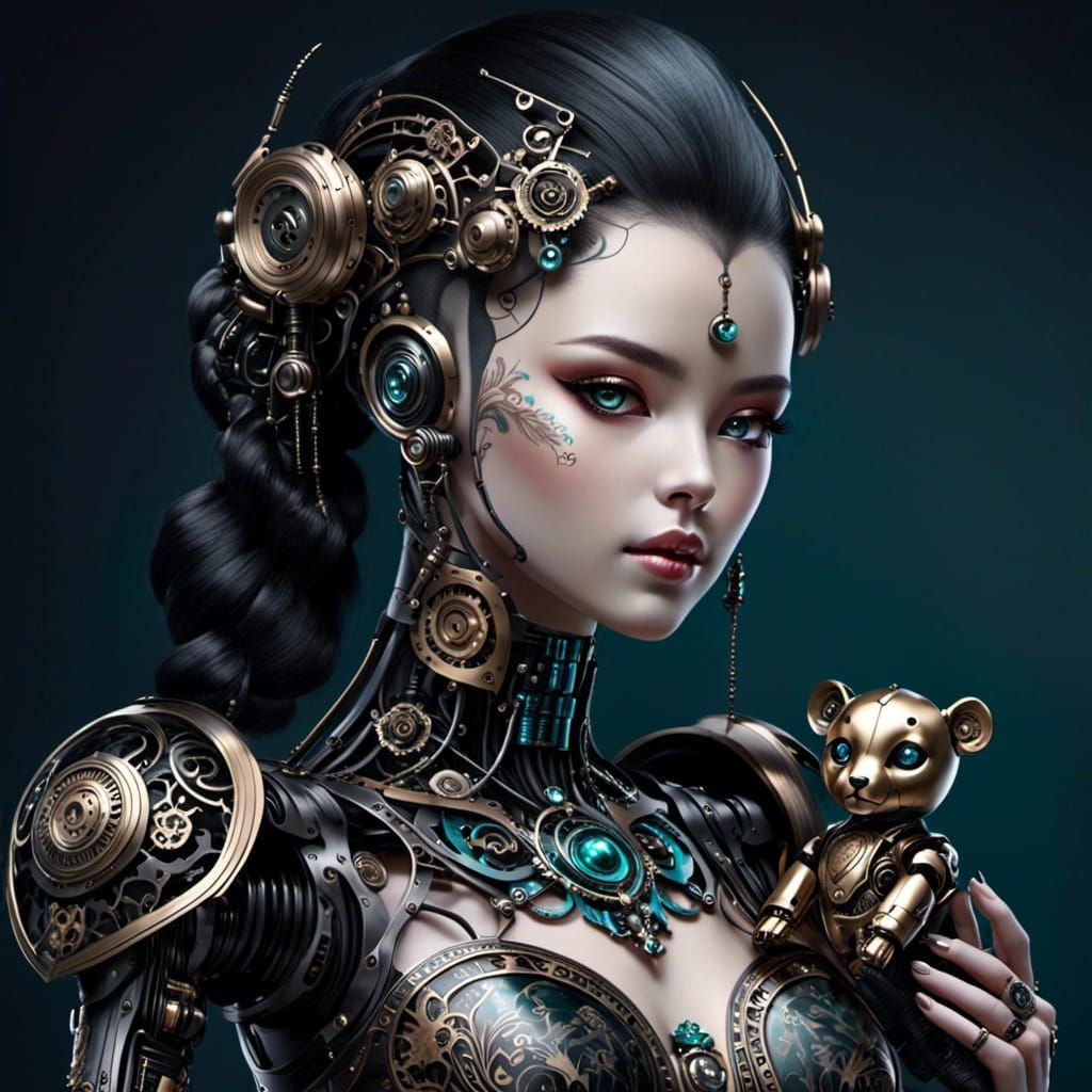  <lora:Crimson:1.0>A beautiful cyberpunk humanoid with digital tattoos holding a bear