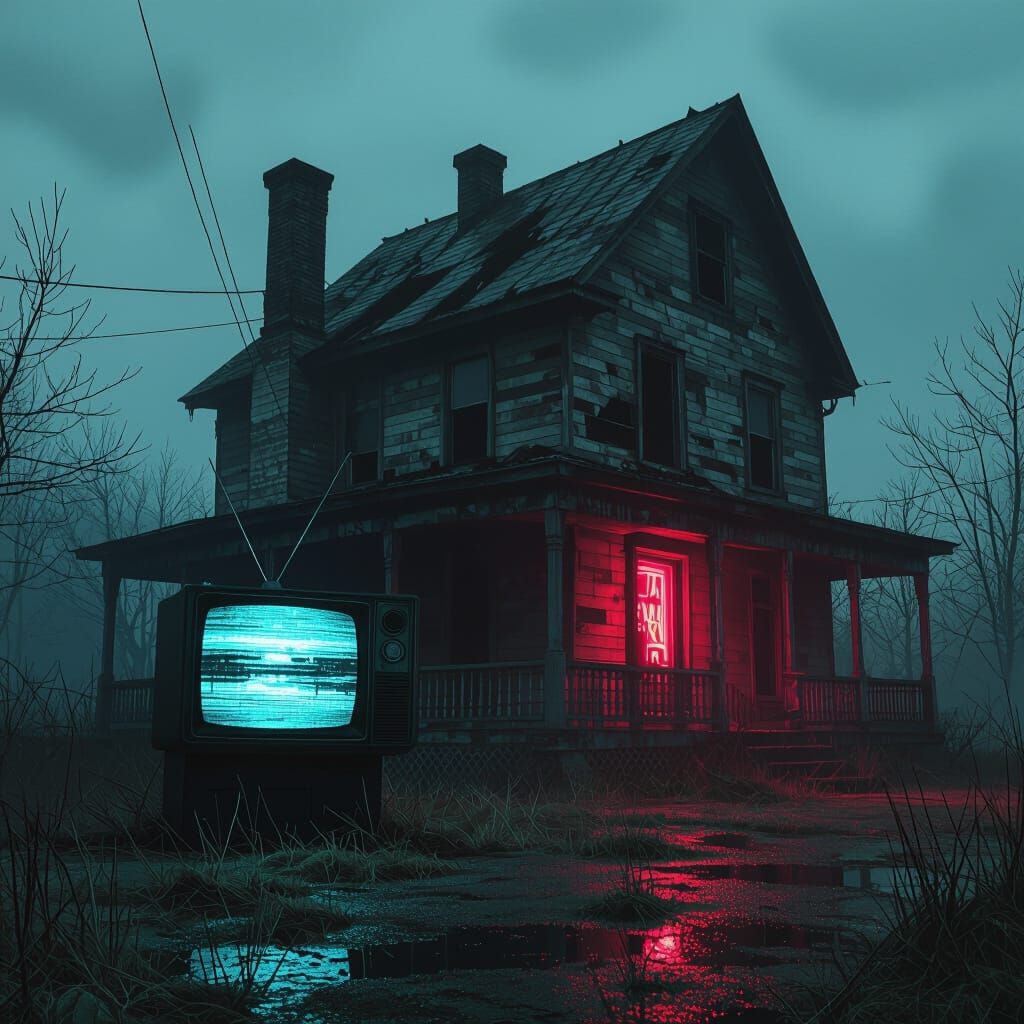

abandoned house with static interference, analog horror atmosphere



